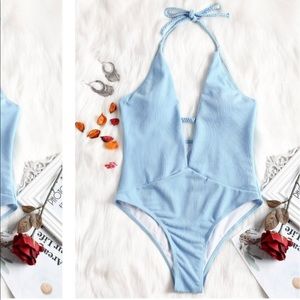 Blue one piece bathing suit